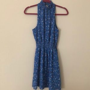 Blue print high neck ruched dress
